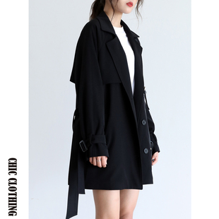 黑色西装领风衣女短款2021秋新款复古宽松英伦风双排扣外套上衣