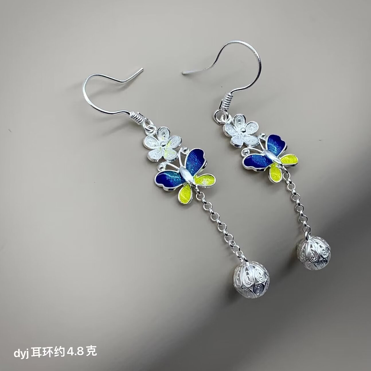 99足银景泰蓝蝴蝶梅花耳环足银绣球流苏耳坠手工花丝新款银饰品