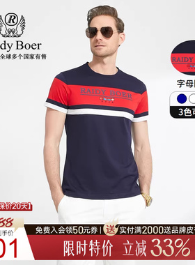 Raidy Boer/雷迪波尔夏季新款男装圆领撞色条纹偏薄短袖T恤 7345