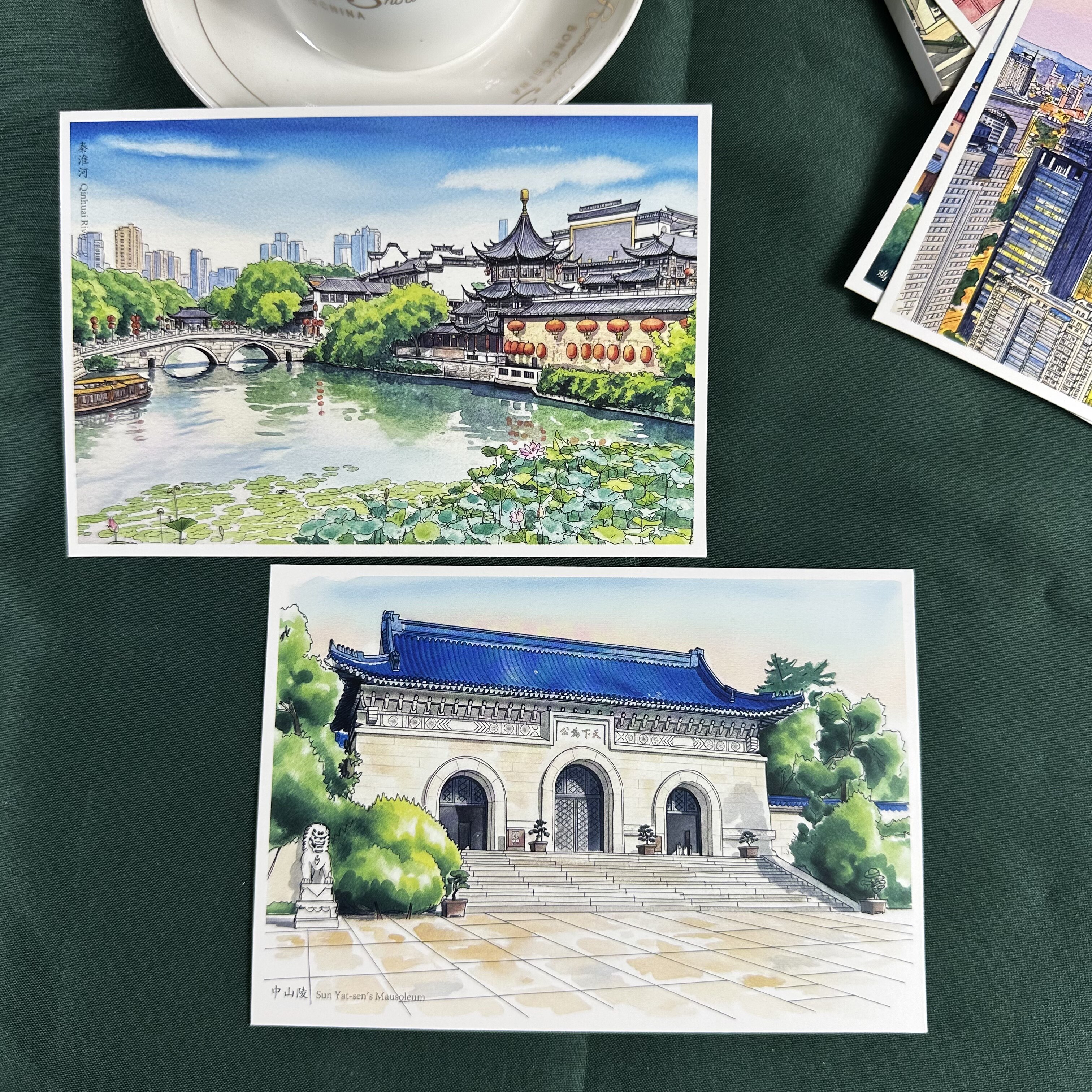 水彩手绘南京明信片旅游纪念品紫峰大厦鸡鸣寺秦淮河精美城市风景