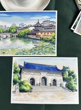 12张精美手绘南京明信片
