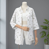 棉纱开衫 衬衫 搭配带胸垫小吊带两件套中袖 七分袖 薄款 宽松夏女印花