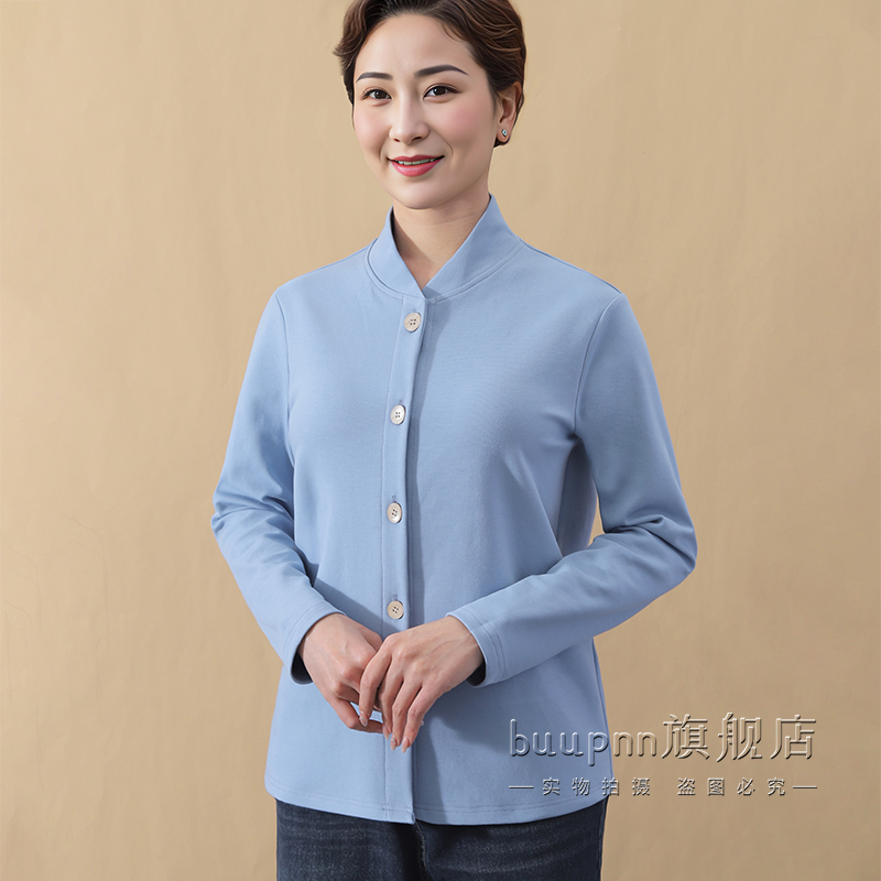 护颈开扣女士小立领长袖上衣