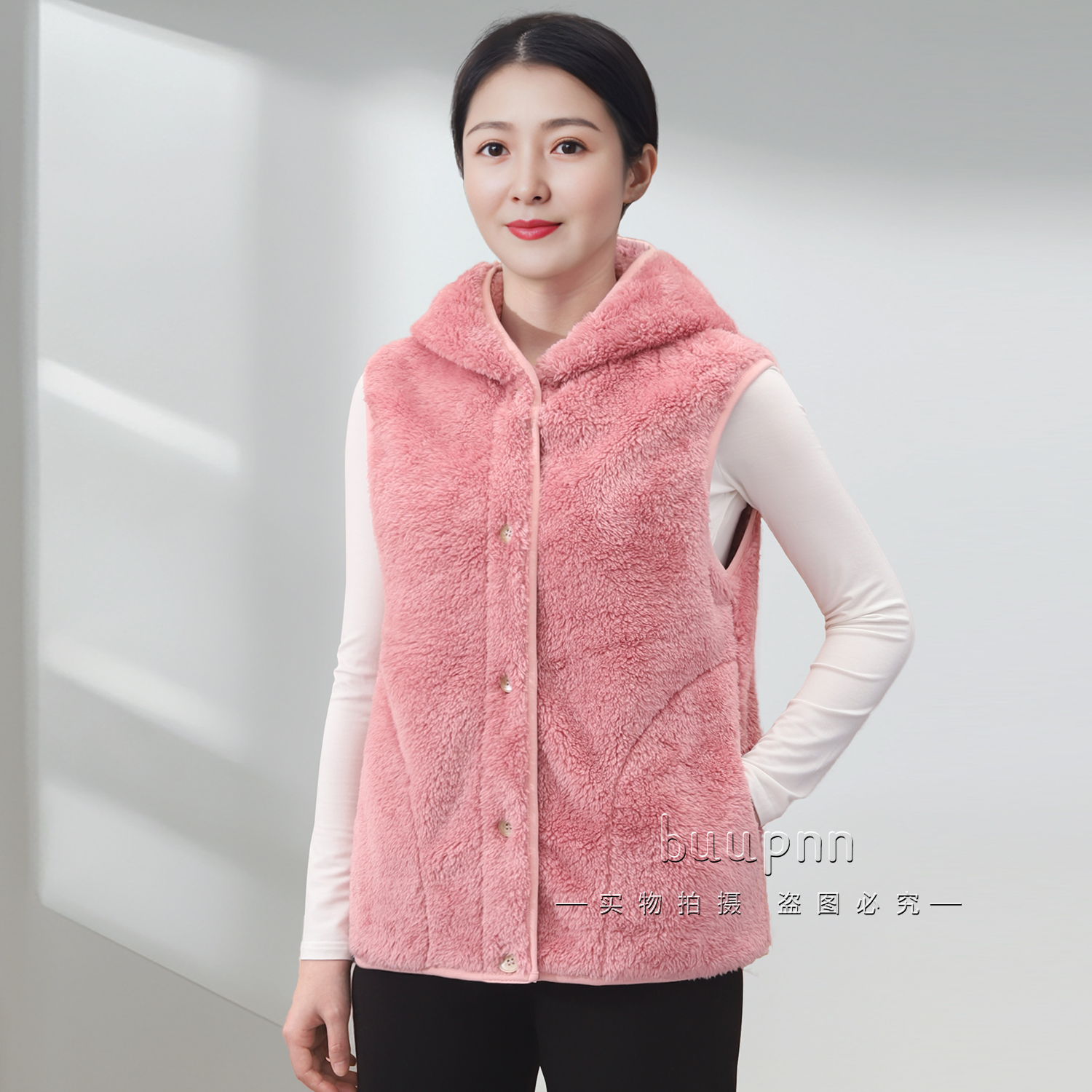 珊瑚绒连帽女士马甲坎肩外套