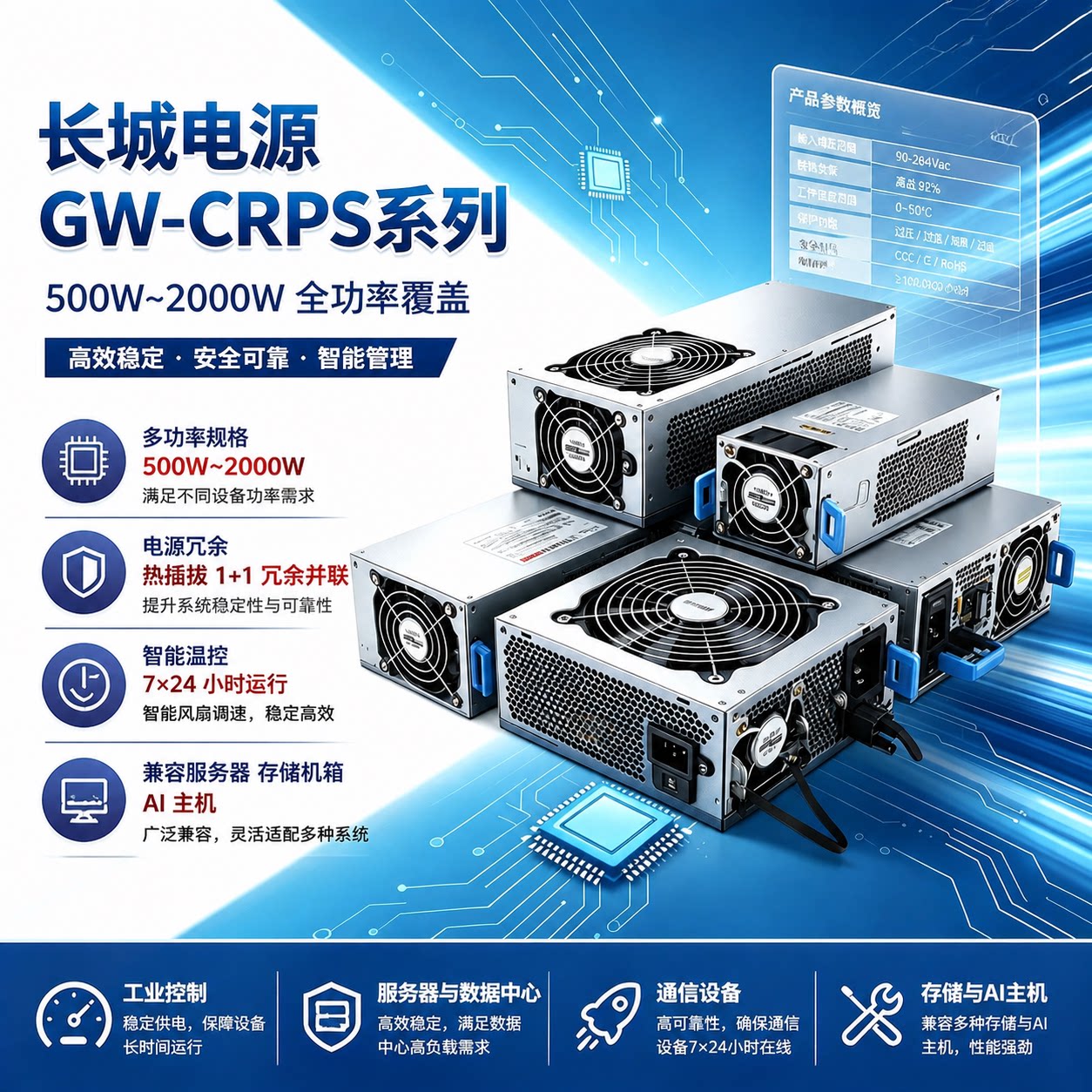 长城冗余电源CRPS电源模块额定550W 730W至2000W支持2U 4U机箱