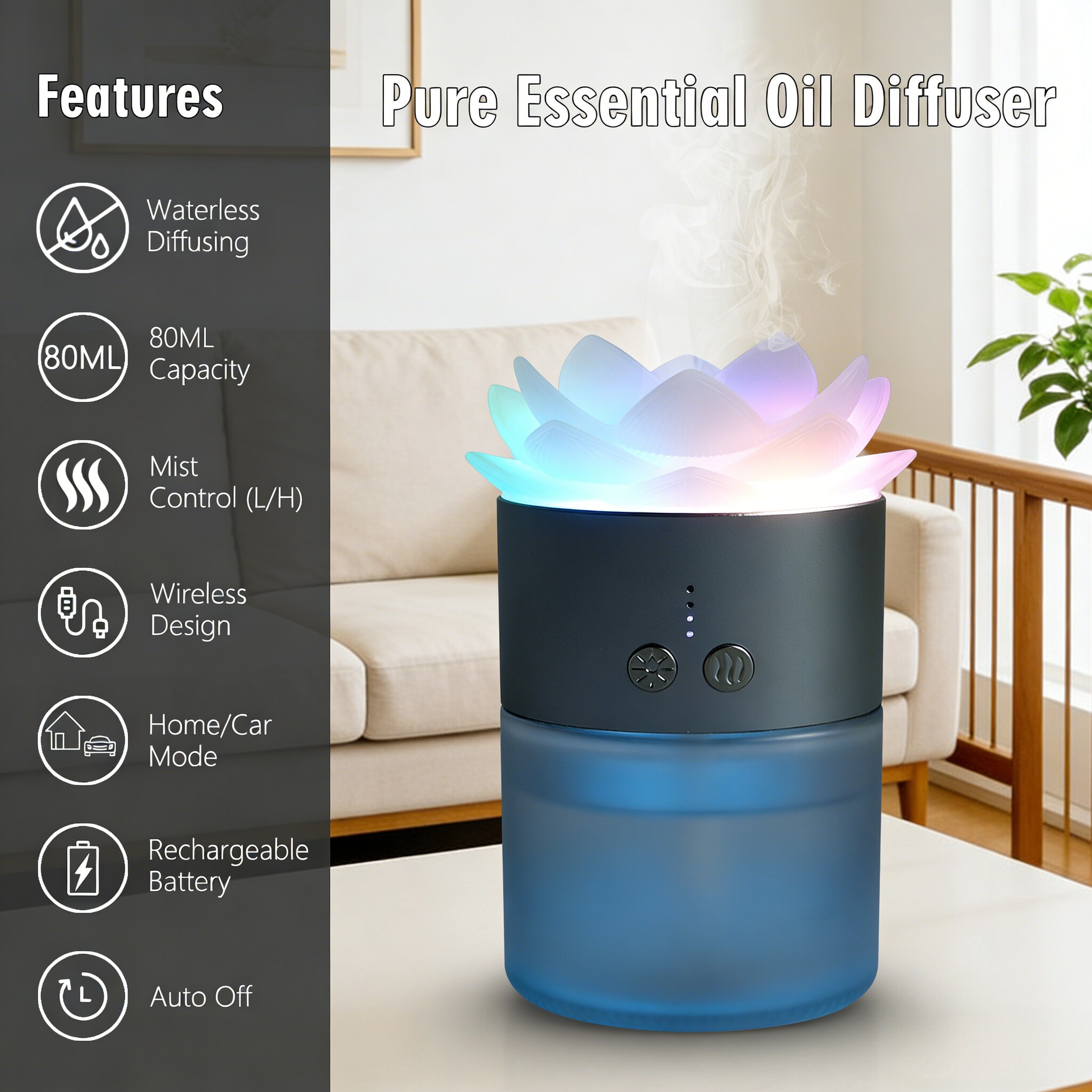 车载香薰机家用香氛含80mL玻璃纯精油500mAh铝合金琉璃荷花香薰机