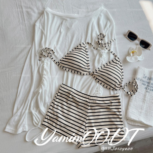 比基尼高级感性感海边度假 罩衫 分体泳衣女温泉三件套2026新款 长袖