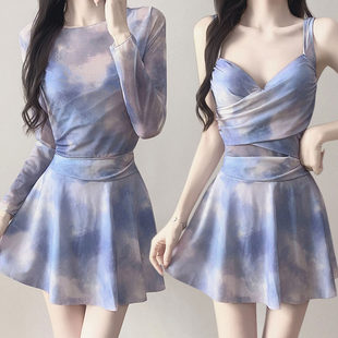 显瘦泳装 度假带罩衫 两件套温泉裙式 扎染连体泳衣女高级感保守长袖