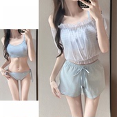 四件套分体度假温泉泳装 泳衣女纯欲性感条纹吊带比基尼罩衫 平角裤