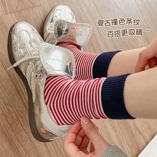 红色条纹袜子女款 复古ins潮堆堆袜纯棉韩系长筒 夏季 薄中筒袜美式