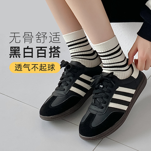 薄款 黑白条纹袜子女夏季 中筒袜纯棉无骨堆堆ins潮刺绣长筒袜夏天