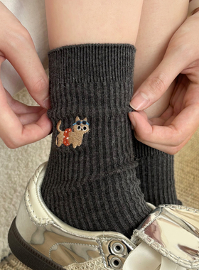 灰色可爱小猫袜子女款夏薄款纯棉卡通中筒袜搭配德训鞋ins潮韩系