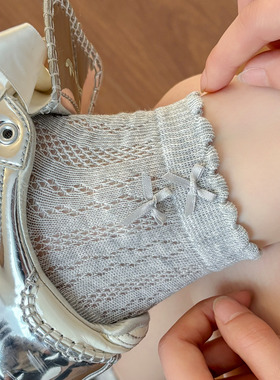 夏日薄款袜子女灰色纯棉夏季网眼2026新款爆款可爱蝴蝶结短袜夏天