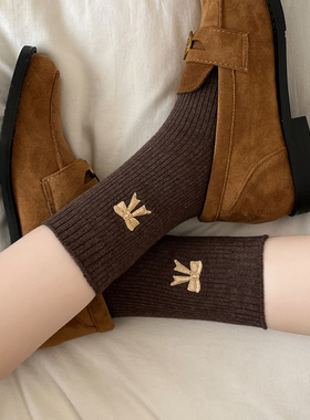 咖色袜子女款秋冬季刺绣蝴蝶结中筒袜2025新款纯棉美拉德色系长袜