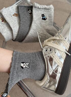可爱袜子女款小狗中筒袜花边灰色ins潮2025新款爆款秋季配德训鞋