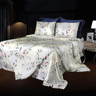 丝若水真丝四件套宽幅活性全印花无拼接100%桑蚕丝绸床上用品套件