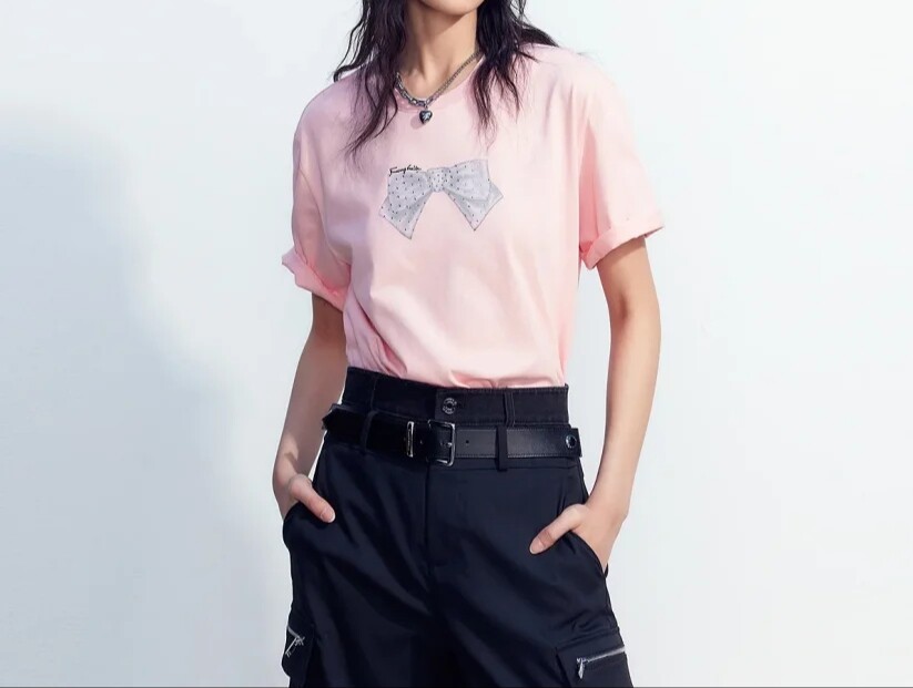 包邮仿佛正品立体蝴蝶结烫钻小圆领短袖T恤全棉上衣女FM01168A1