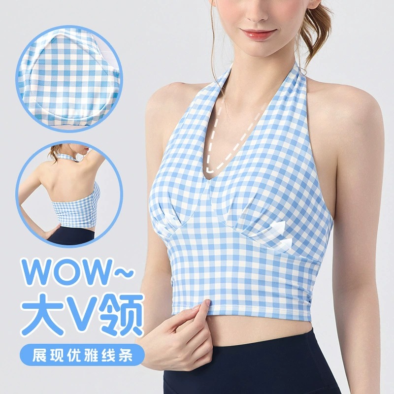 V领挂脖格纹固定杯美背女
