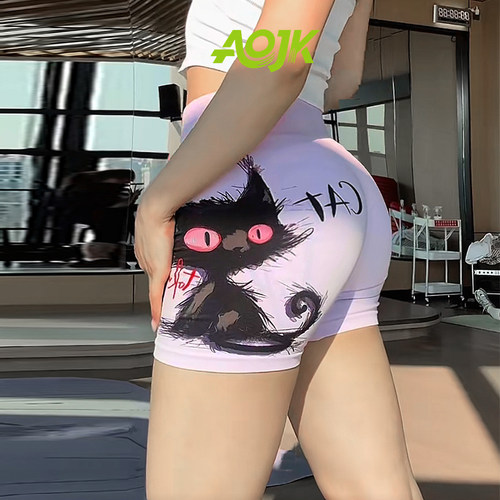 紫色印花运动瑜伽服短裤女