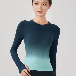 渐变色瑜伽服上衣女秋季薄款速干跑步长袖运动t恤紧身显瘦健身服