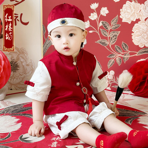 新中式周岁礼服冠衣抓周服喜庆生日宴男宝春秋新款百天儿童唐装