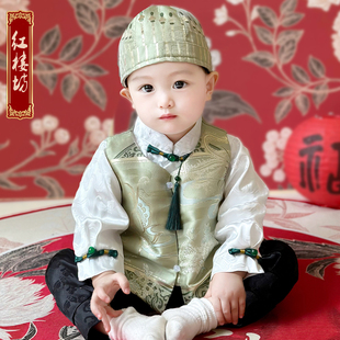 新中式冠衣周岁礼服抓周服喜庆生日宴男宝春夏季新款百天儿童唐装