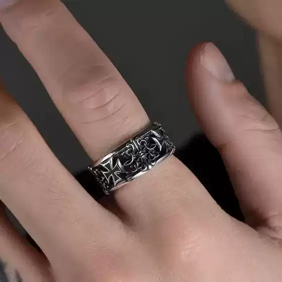 Y2K hip-hop silver rose pattern open ring for women and men
