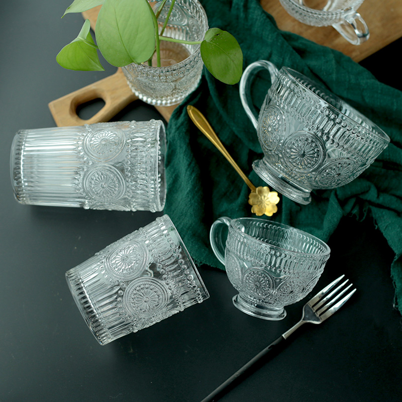 复古太阳花浮雕玻璃杯子透明早餐杯高颜值果汁红酒杯ins刻花水杯