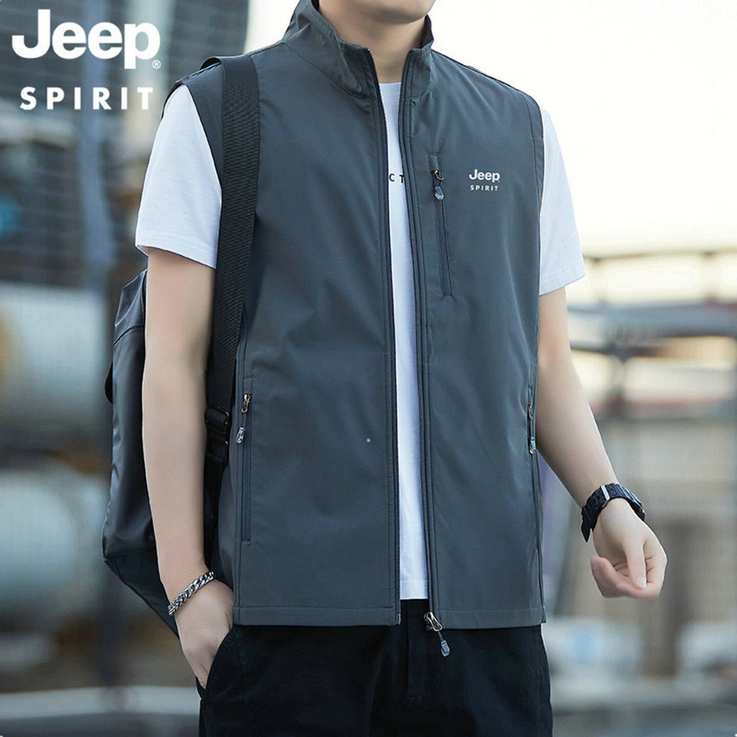 吉普马甲男士2026春秋款多口袋工装立领坎肩户外休闲透气钓鱼外套