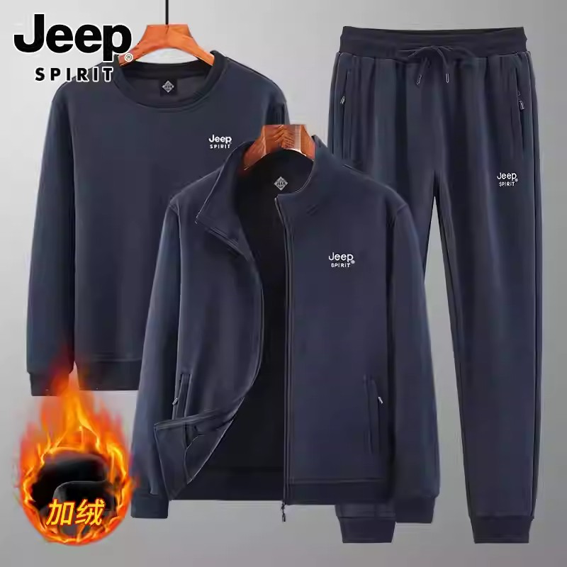 吉普2025秋冬季运动套装男中老年爸爸休闲裤男士外套加绒三件套男