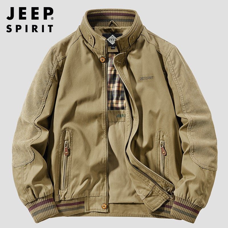 吉普春秋季新款纯棉立领男士夹克衫中年爸爸宽松大码工装茄克外套