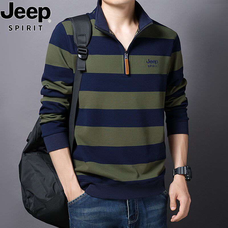 吉普半拉链纯棉卫衣男士2026春秋新款长袖t恤休闲条纹打底衫上衣