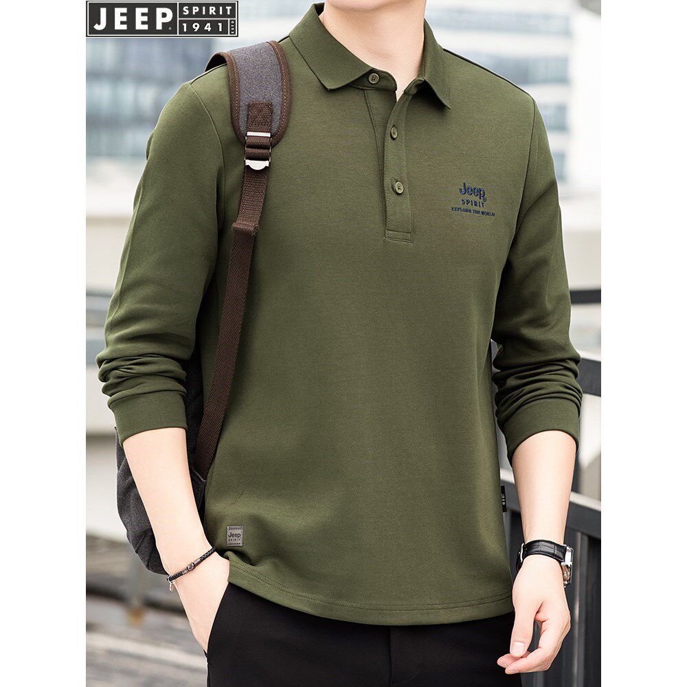 吉普纯棉男士长袖t恤2026春秋款中老年上衣商务休闲爸爸polo衫潮