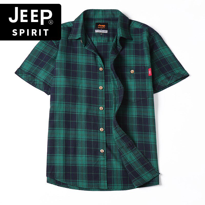 JEEP吉普短袖格子衬衫夏季薄款纯棉舒适休闲宽松大码男士衬衣夏天
