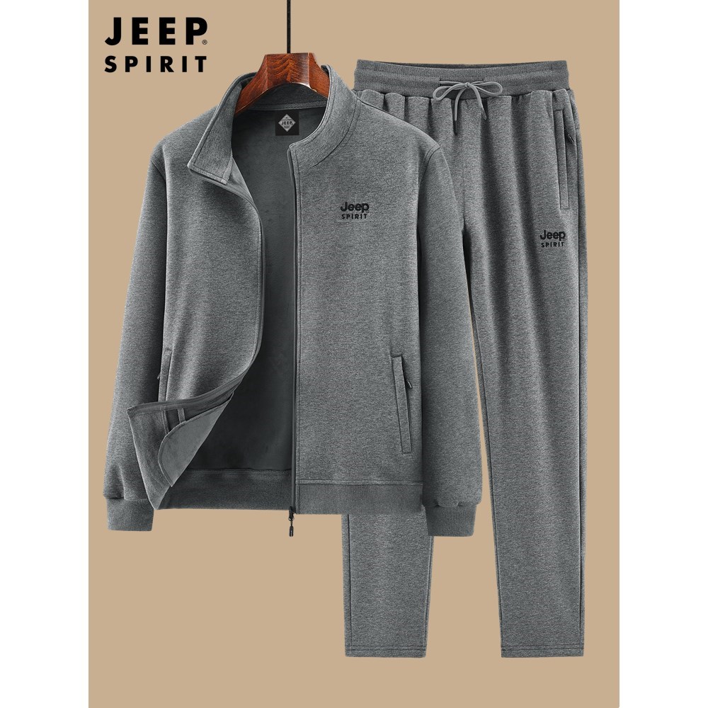 JEEP春秋中老年运动套装男士中年爸爸跑步冬季加绒加厚休闲运动服