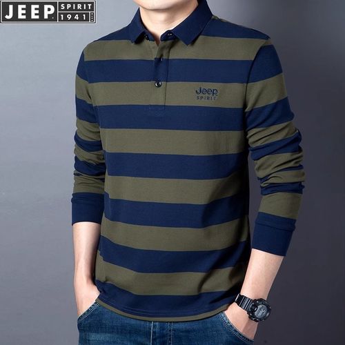 吉普纯棉男士长袖t恤2025春秋款POLO衫宽松休闲条纹打底爸爸上衣