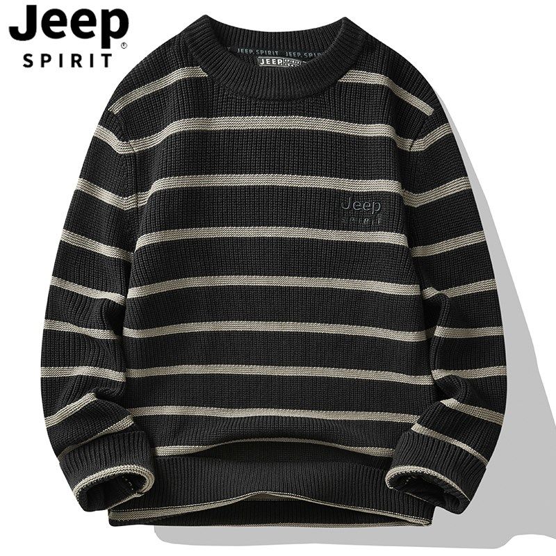 Jeep吉普毛衣男冬季圆领黑色内搭打底衫纯棉男生复古条纹高级感男