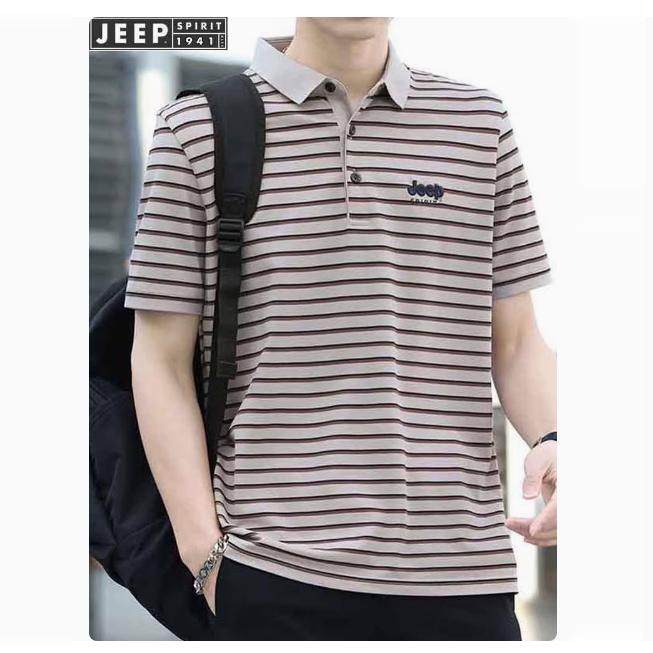 JEEP吉普短袖t恤男士夏季薄款条纹体恤翻领宽松透气速干polo衫男