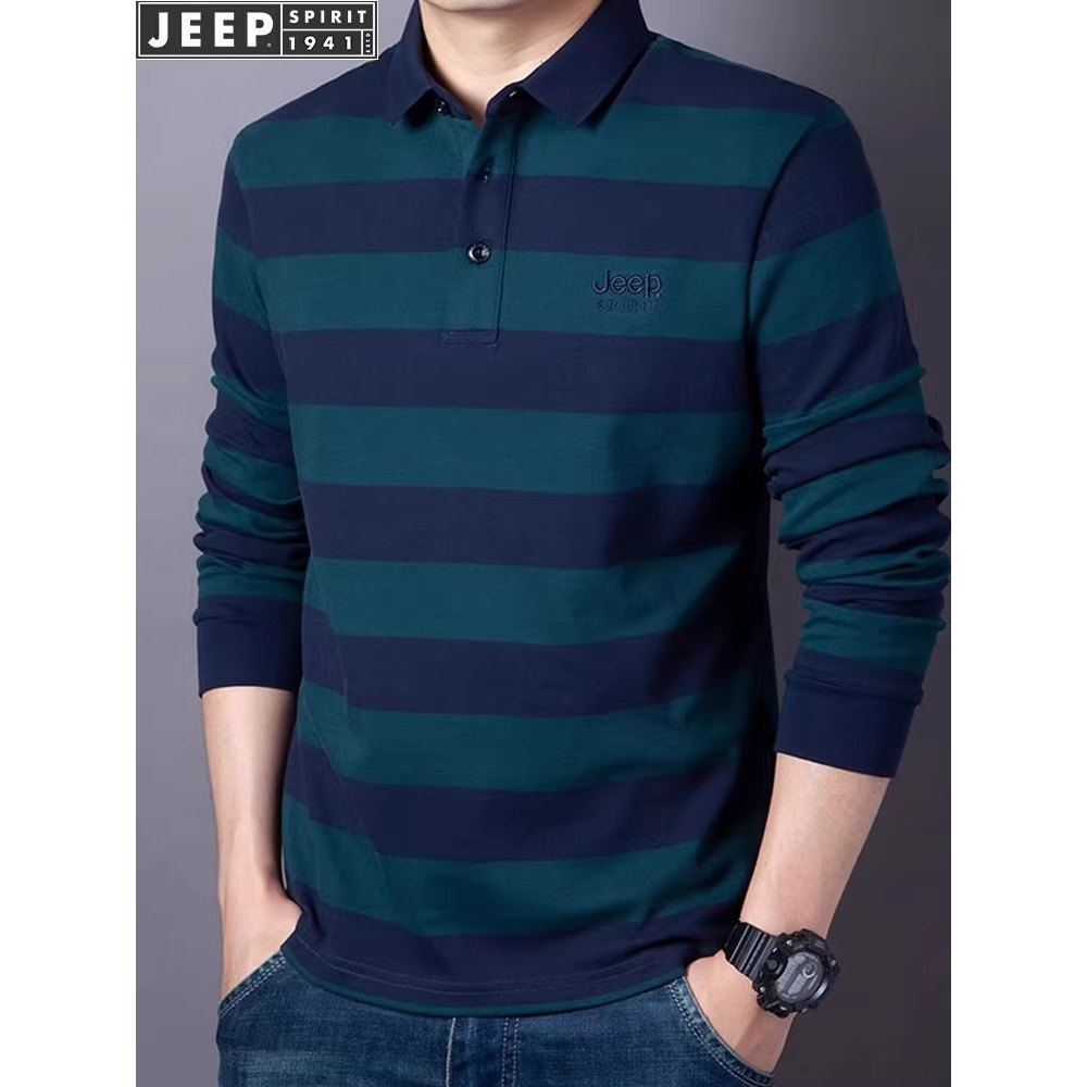 吉普男士长袖t恤春秋款纯棉商务休闲翻领条纹打底POLO衫男装上衣