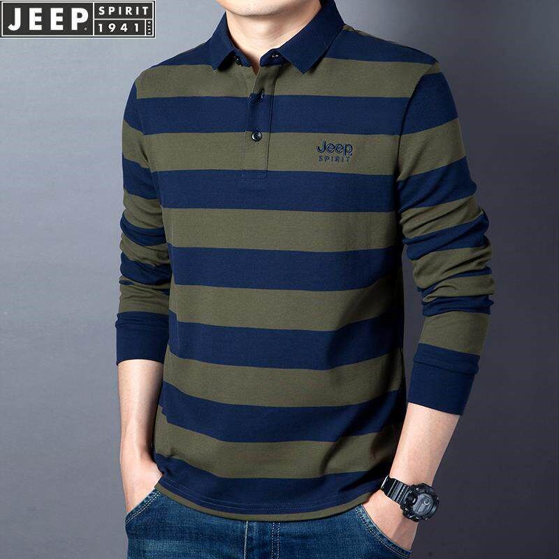 吉普纯棉长袖t恤男春秋季新款宽松翻领条纹爸爸装POLO衫男装上衣