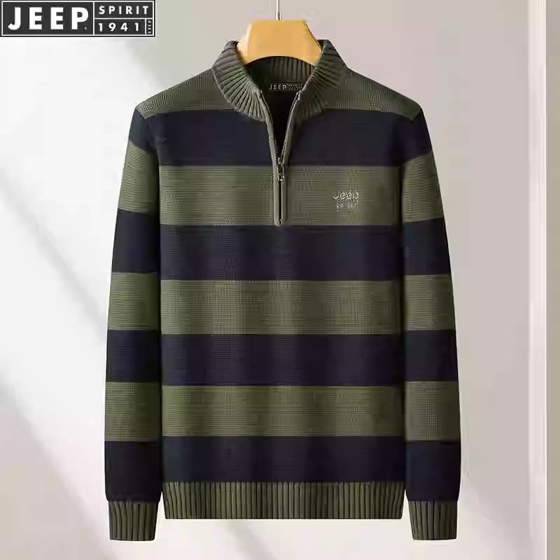 JEEP吉普毛衣男春秋保暖半拉链针织衫男士纯棉宽松休闲条纹打底衫