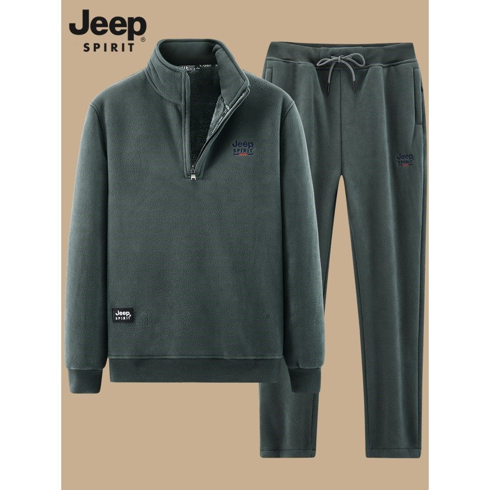JEEP吉普加绒加厚运动套装男冬季2024新款摇粒绒休闲运动服两件套