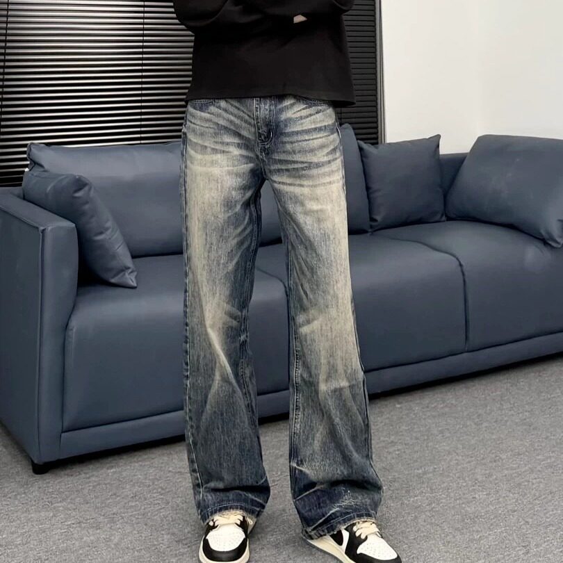 美式复古水洗做旧宽松直筒阔腿牛仔裤男cleanfit蜂窝猫须休闲长裤