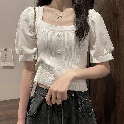 衬衫泡泡袖拼接方领针织T恤女夏季新款小清新盐系薄款正肩上衣潮