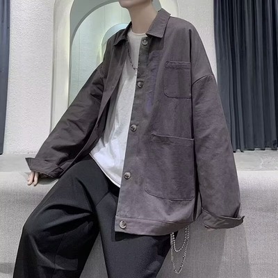 华夫格衬衫男生外套秋冬款休闲百搭衬衣长袖白色高级感秋装上衣