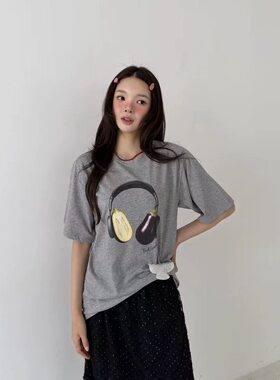 韩系ins新款百搭茄子耳机印花短袖T恤女宽松显瘦上衣