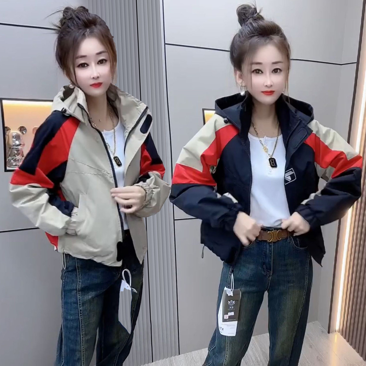 秋冬新款宽松显瘦夹棉冲锋衣外套女拼色设计连帽百搭休闲保暖上衣,女装/女士精品,短外套,淘宝优惠券,粉丝福利购,淘宝优惠卷