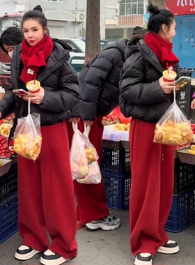 新年红色拜年服套装女冬季宽松显瘦休闲运动棉服阔腿弯刀裤两件套