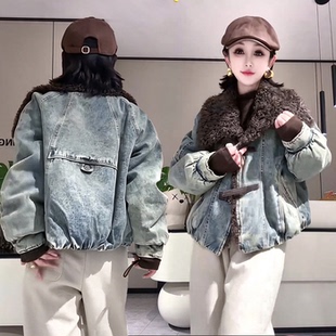 时尚加厚棉牛仔外套棉服女短款2026冬季气质洋气时髦大毛领派克服
