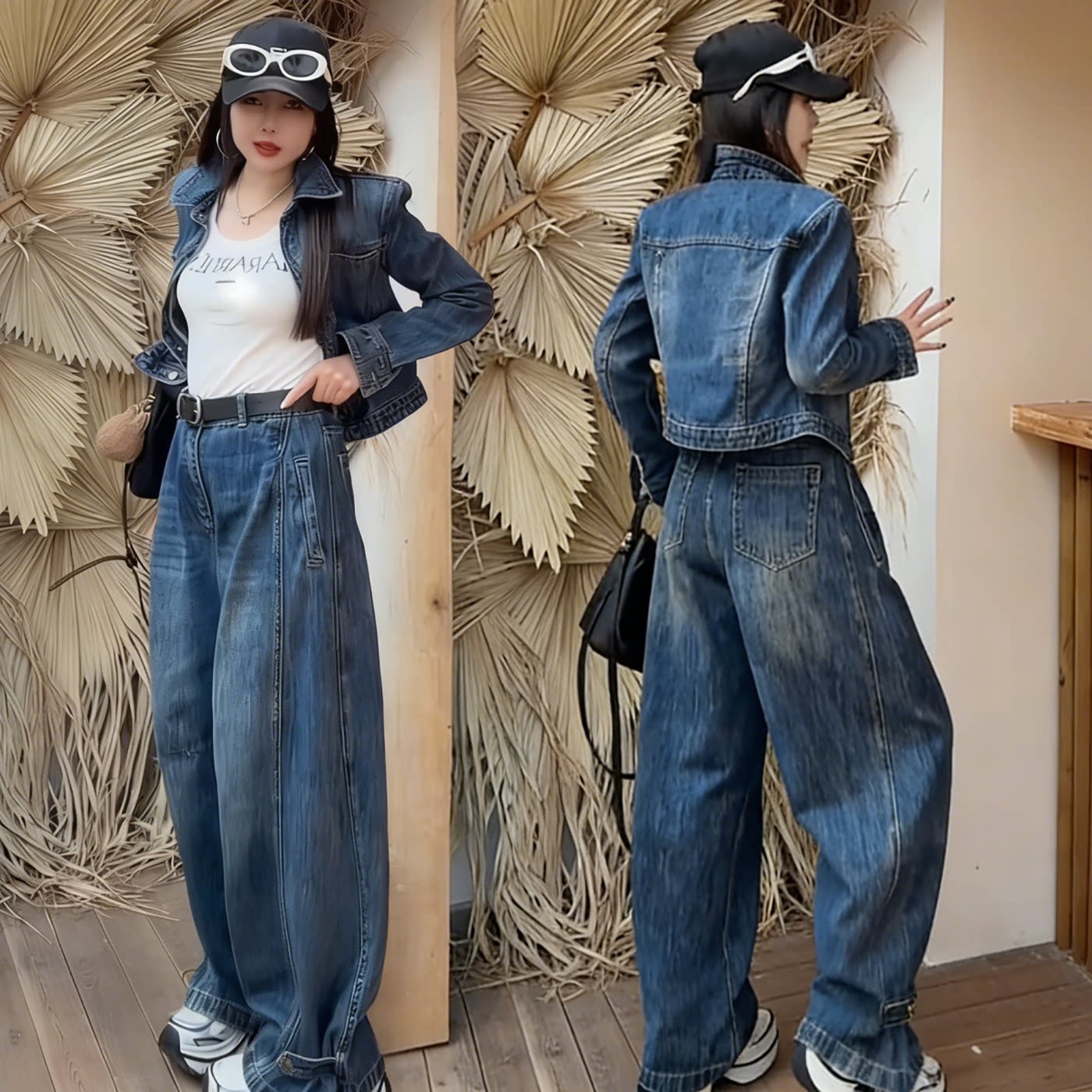 高级感显瘦百搭牛仔套装女2026春秋新款翻领外套弯刀阔腿裤两件套